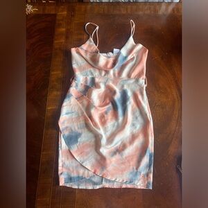 Selfie Leslie Satin Cowl Neck Dress- Pink and Blue Watercolor Print